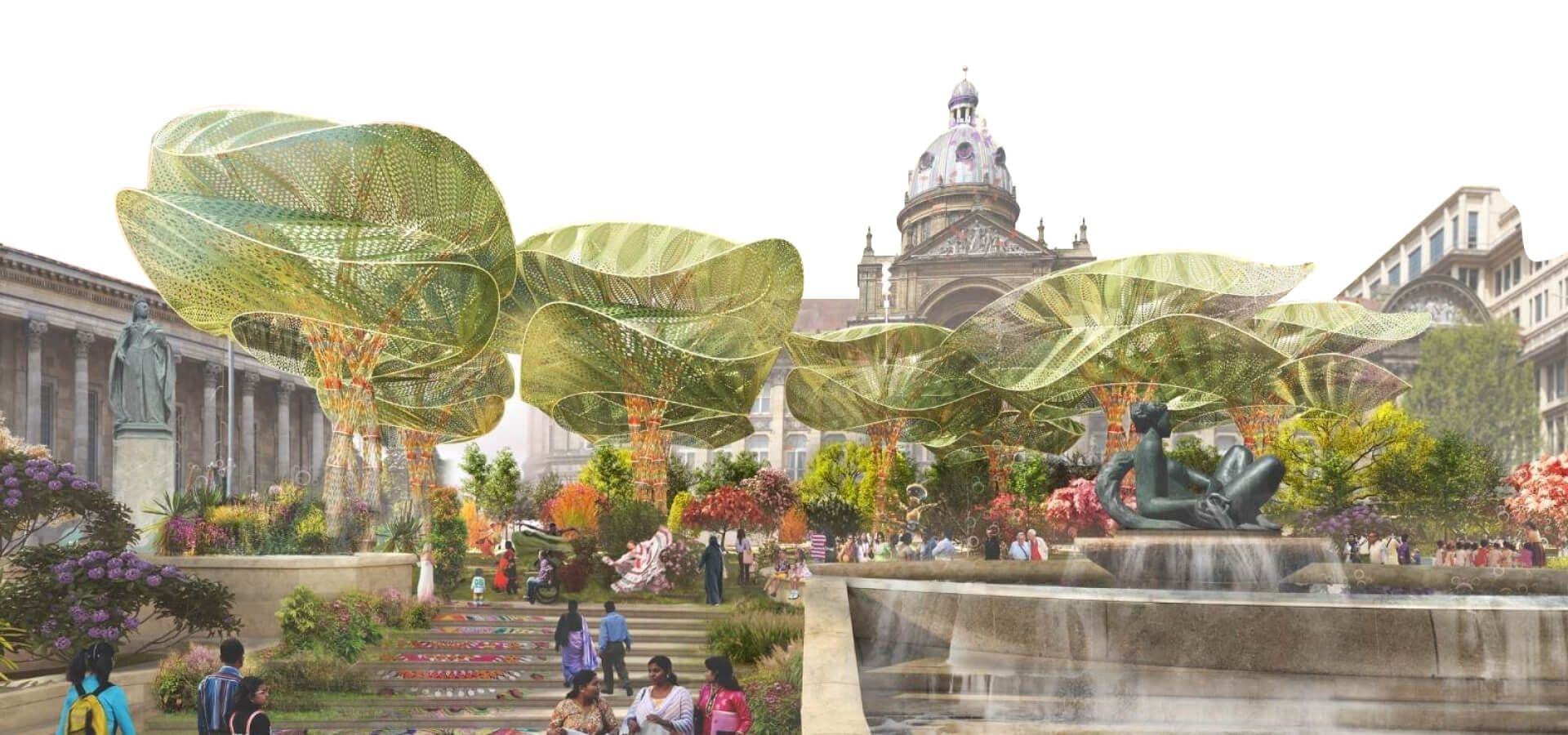 Various people exploring a synthetic forest in the centre of Birmingham